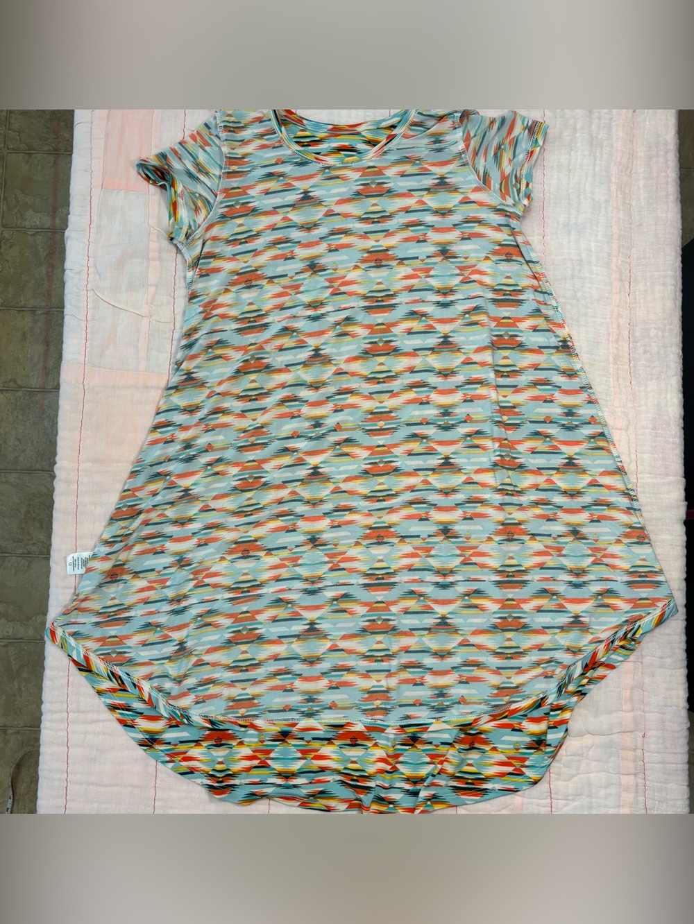 EUC LuLaRoe Girls Scarlett Dress, Sz 12, Aztec Design - Teal, Orange, Yellow - Picture 11 of 13